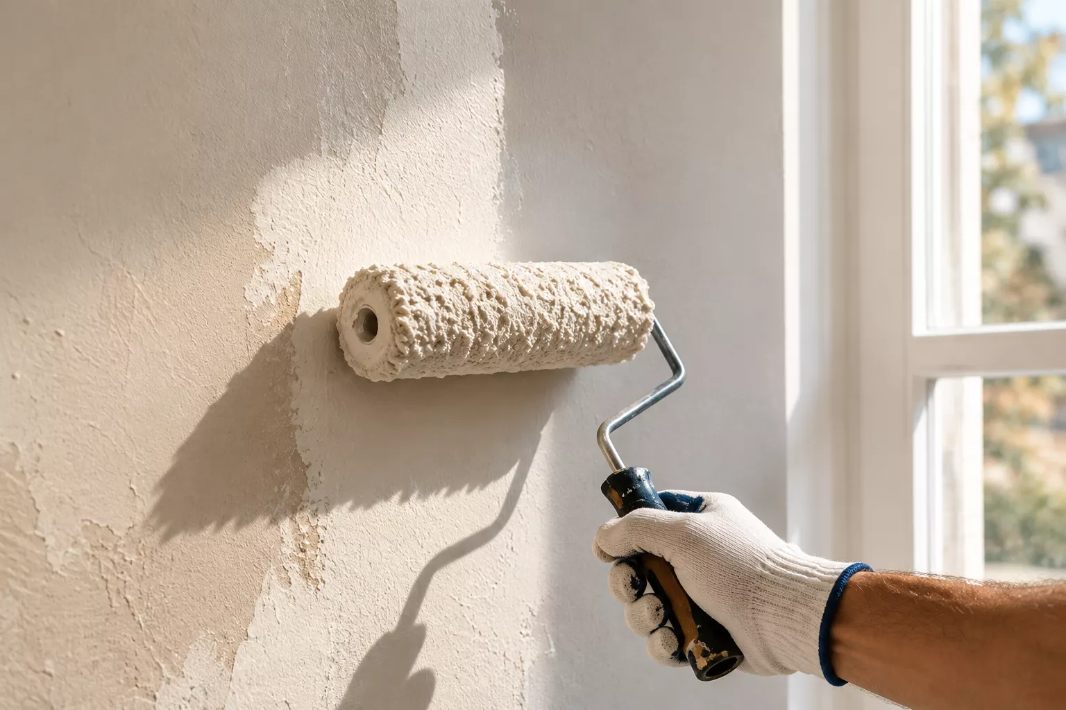 Main gantée appliquant une peinture au rouleau sur un mur clair