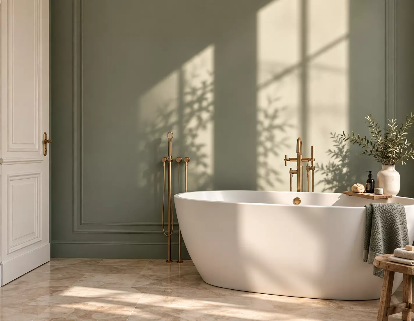 Salle de bains aux murs peints en vert et plafond blanc