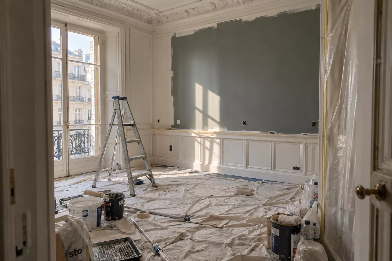 Pièce protégée par des bâches pendant un chantier de peinture