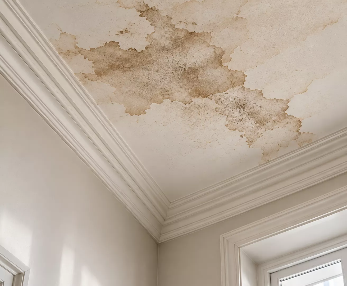 Auréole d'infiltration sur un plafond mouluré
