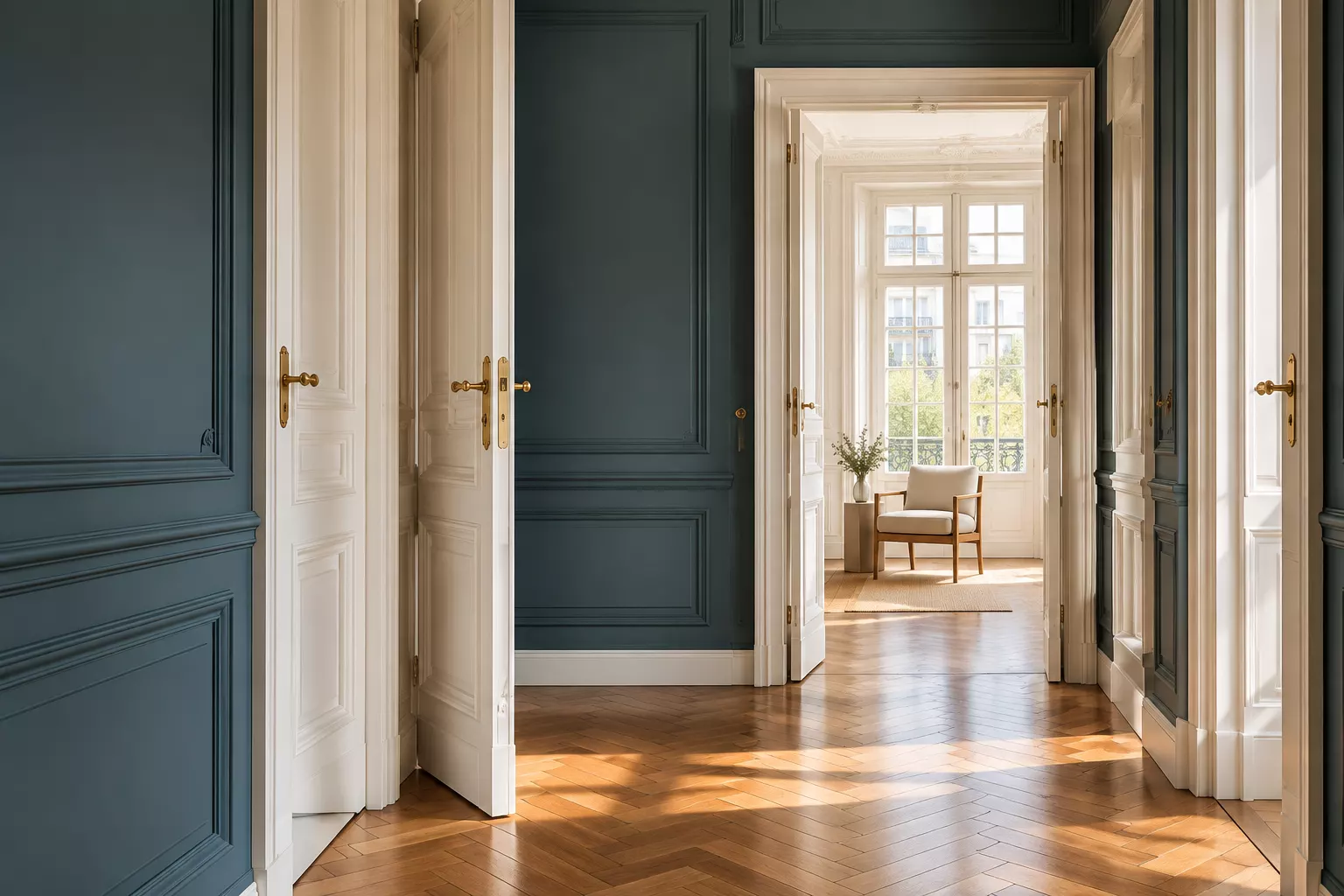 Enfilade de portes et de boiseries peintes, parquet ancien