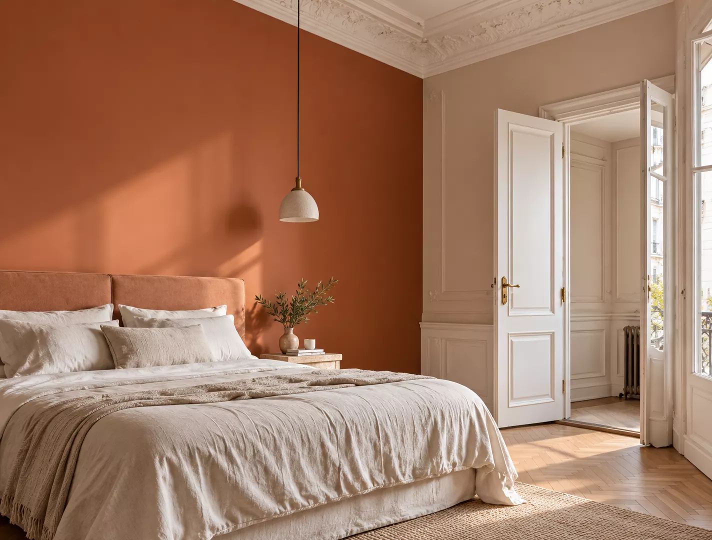 Chambre aux murs peints dans un ton terracotta et boiseries blanches