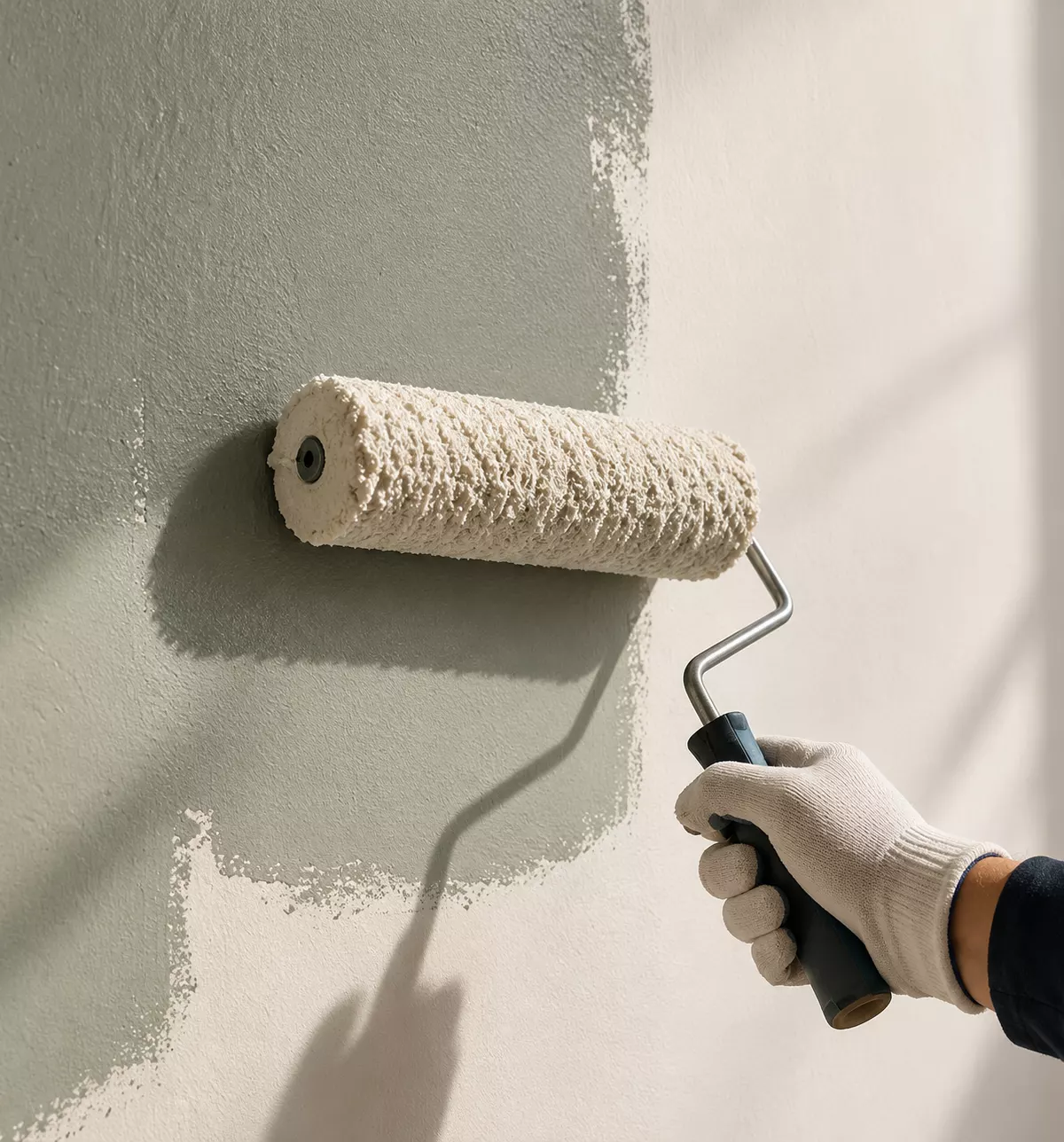 Rouleau appliquant une peinture verte sur un mur