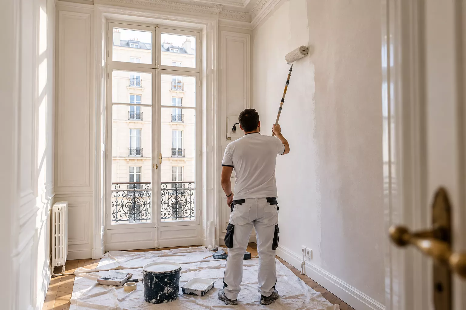 Peintre appliquant une peinture au rouleau, sol protégé par des bâches