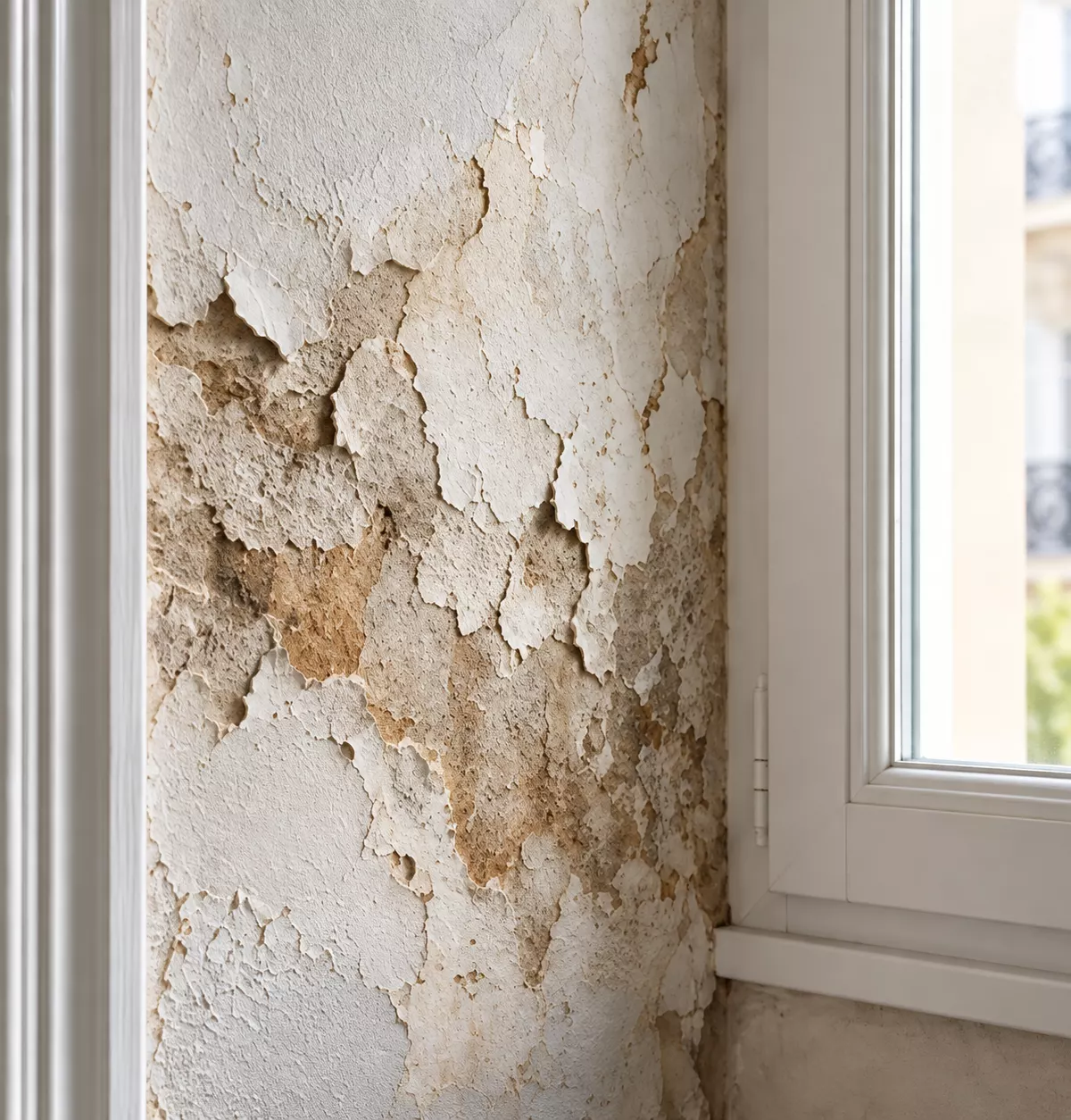 Peinture cloquée et enduit dégradé par l'humidité sur un mur