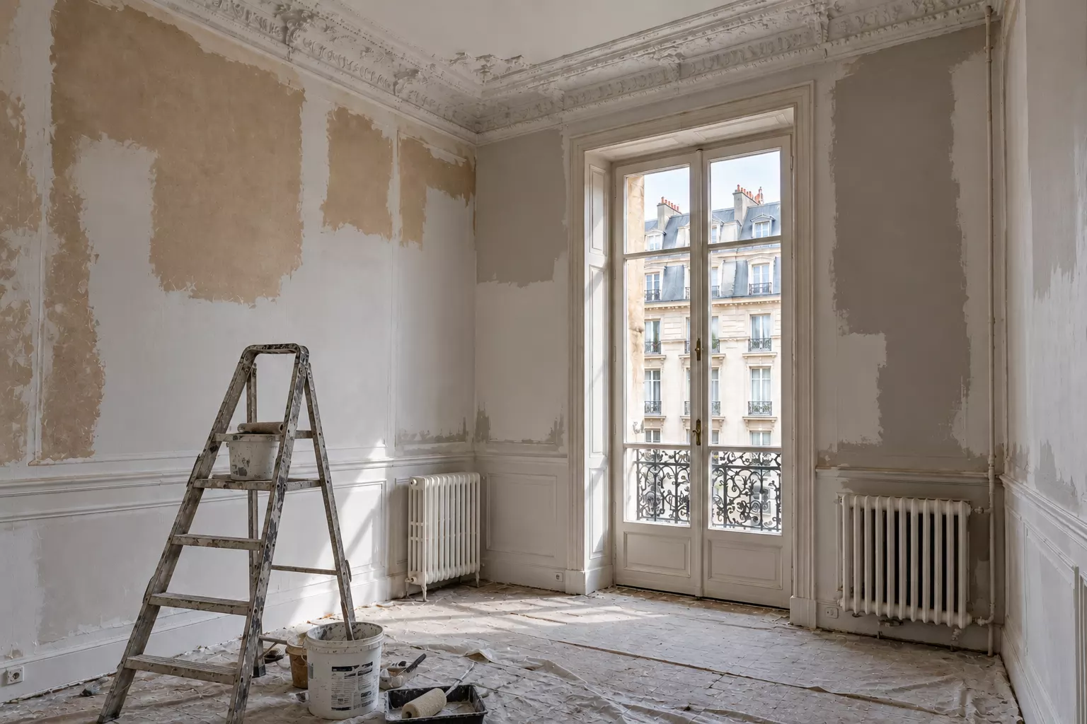 Pièce vide aux murs repris à l'enduit, escabeau et protections